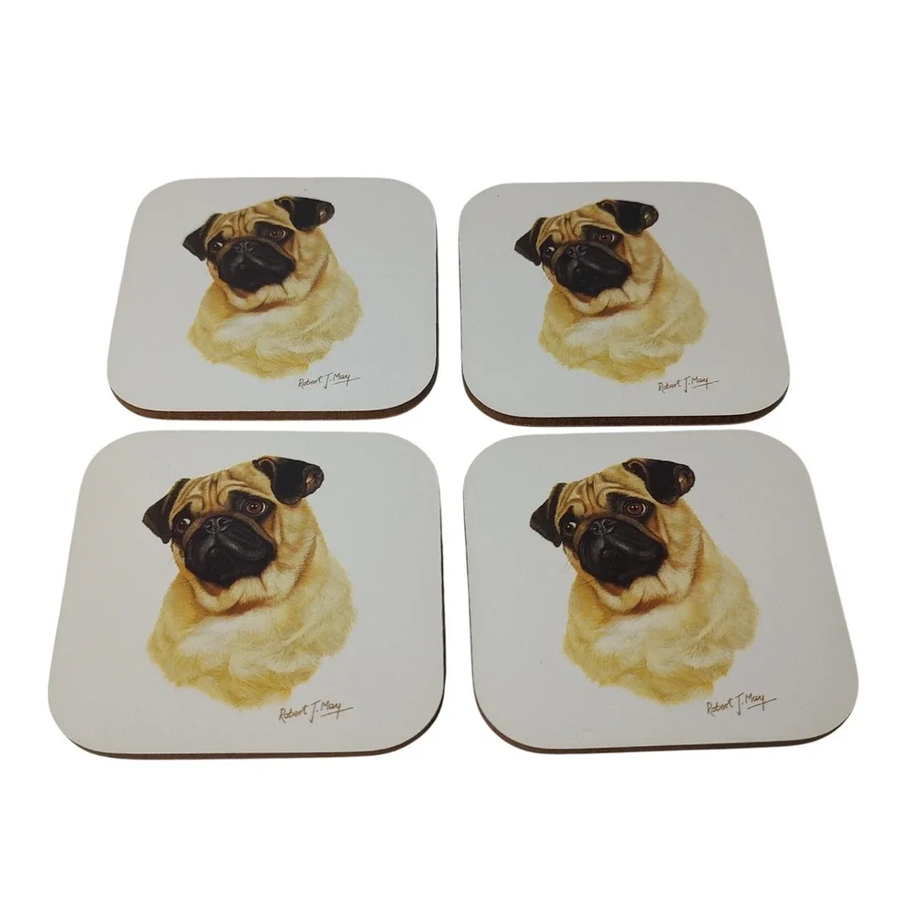 Dog Pug Drink Coasters Cork‎ Lot of Four 1993 Artist Robert J May Puppy Lover